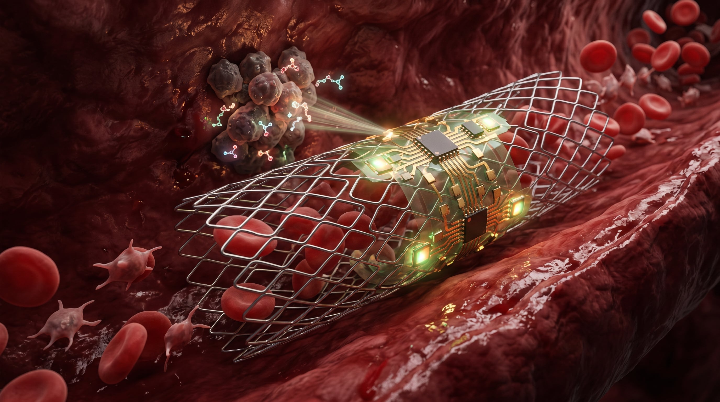 Un stent electrónico implantado en un vaso sanguíneo analiza las moléculas emitidas por un aglomerado celular sobre la pared vascular. (Imagen Ilustrativa Infobae)
