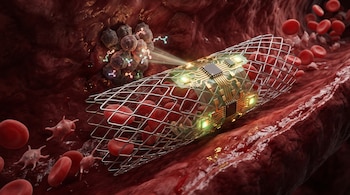 Un stent metálico con microchips e iluminación dentro de un vaso sanguíneo con glóbulos rojos, plaquetas y un cúmulo de células.