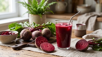 Un vaso transparente con jugo de remolacha y un sorbete metálico junto a remolachas enteras, rebanadas y troceadas sobre una mesa.