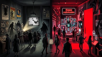 Sala dividida en dos: a la izquierda, carteles clásicos, proyector y público; a la derecha, luces de neón rojas, pantallas y máscaras modernas.