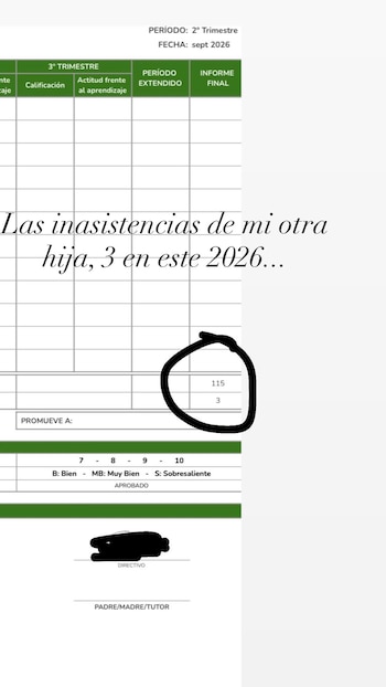 Un boletín escolar en papel con una anotación en círculo sobre una casilla de datos y un texto superpuesto