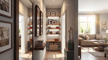 Un pasillo interior con estanterías de madera, espejos y adornos que da paso a una sala con sofá, mesa y ventana.