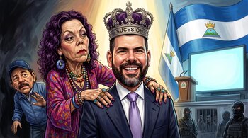 Ilustración en la que figuran Rosario Murillo, Laureano Ortega con corona, Daniel Ortega, banderas de Nicaragua, agentes armados y prisioneros.