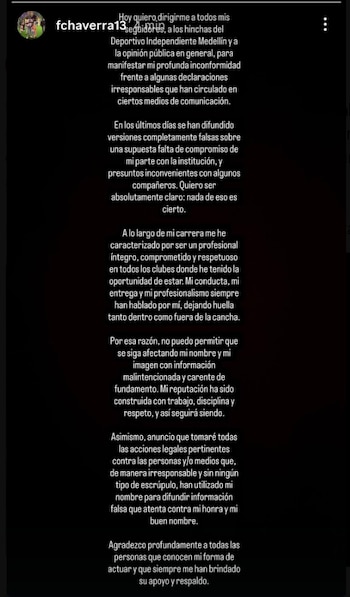 El extremo del Independiente Medellín expuso este comunicado en sus redes sociales - crédito @fchaverra13/Instagram
