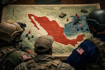 Tres personas con cascos y ropa militar observan un mapa grande con el contorno de México en rojo, vehículos de juguete y marcadores de colores.