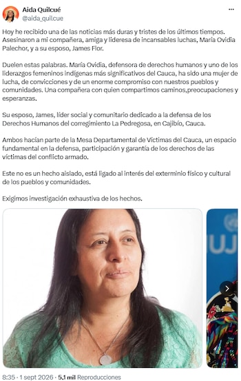 Aida Quilcué pidió una investigación exhaustiva por el doble homicidio - crédito @aida_quilcue/X