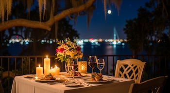 Mesa para dos con velas, copas de vino y flores en una terraza nocturna con vista al agua en Florida.
