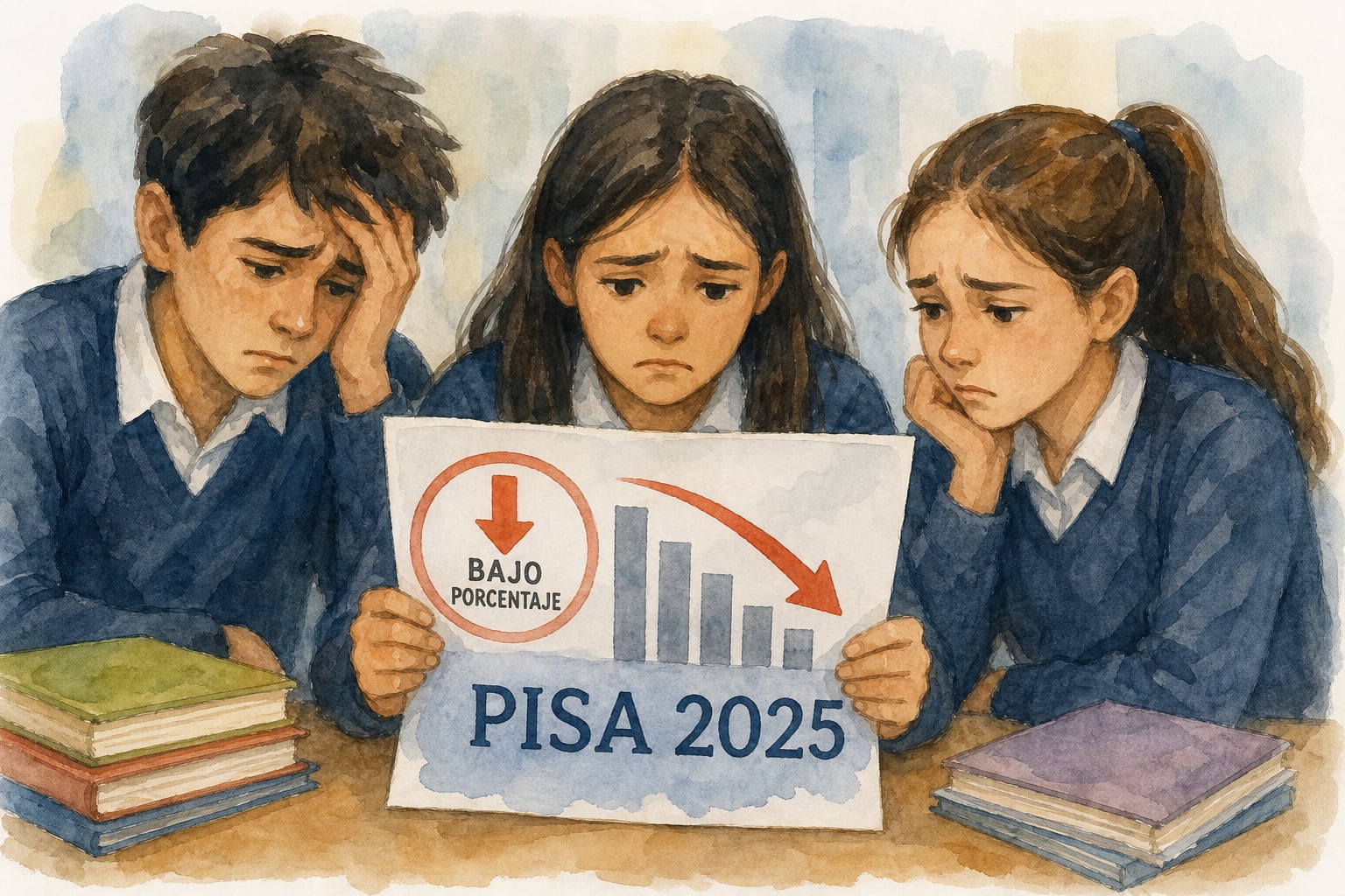 Tres estudiantes observan un informe con una gráfica descendente que señala un bajo porcentaje en la prueba PISA 2025. (Imagen Ilustrativa Infobae)