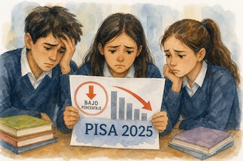 Ilustración en acuarela de tres estudiantes junto a libros sosteniendo un gráfico descendente con el texto PISA 2025.