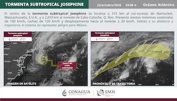 Infografía meteorológica con texto informativo, una imagen satelital y un mapa de trayectoria de una tormenta sobre el océano Atlántico