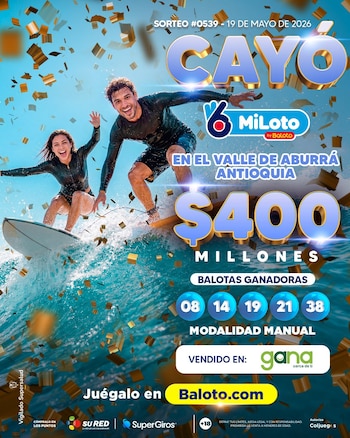 Un colombiano del Valle de Aburrá ganó el premio mayor de MiLoto por $400 millones al acertar los cinco números en el sorteo 539 - crédito @Baloto_Colombia/X