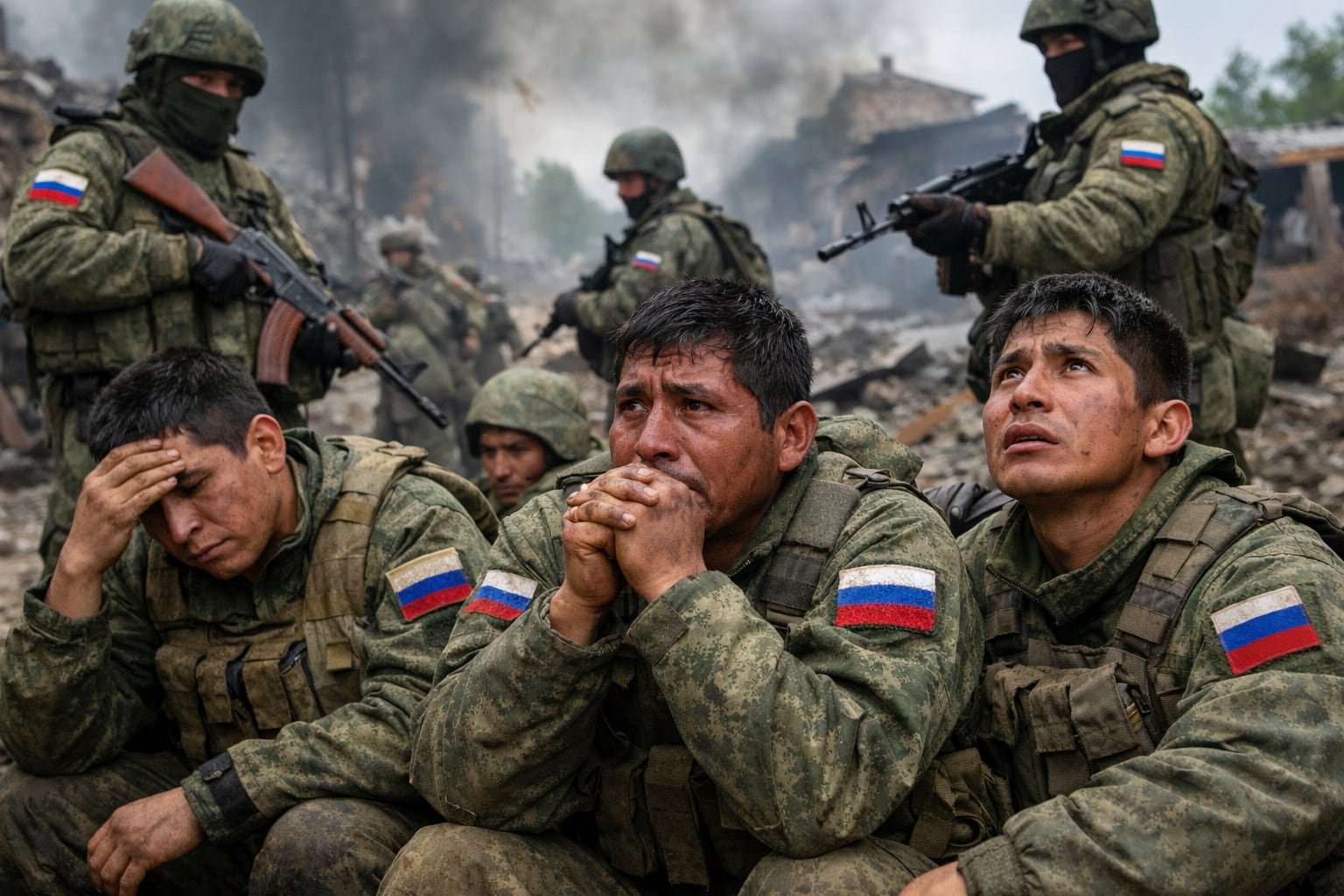 Soldados peruanos, presuntamente engañados con falsas promesas de trabajo, se muestran angustiados en uniformes rusos, atrapados en el frente de batalla y vigilados sin posibilidad de escape. (Imagen Ilustrativa Infobae)