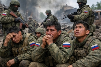 Grupo de hombres con uniformes de camuflaje del ejército ruso y banderas rusas. Algunos muestran angustia, mientras otros armados vigilan en un área en ruinas.
