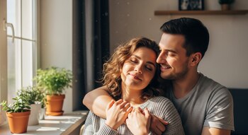 Un hombre y una mujer jóvenes se abrazan en una habitación. La luz del sol entra por la ventana y hay varias plantas en macetas sobre el alféizar.