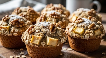 Primer plano de varios muffins de avena y manzana sobre una tabla de madera, decorados con trozos de manzana, copos de avena, nueces y azúcar glas.