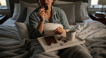 Vista de cerca de una persona en pijama sentada en la cama, comiendo un trozo de chocolate de una barra en una bandeja junto a una taza humeante.