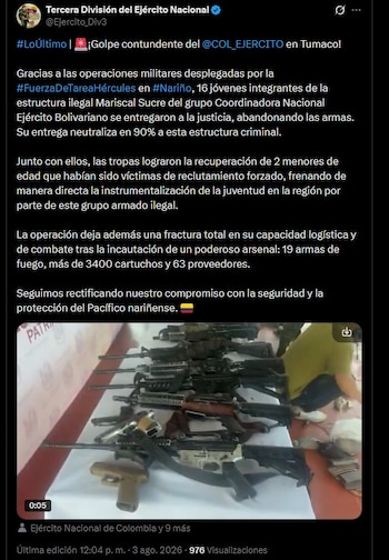 El Ejército Nacional también reportó en Nariño la rendición de 16 integrantes de la estructura Mariscal Sucre, la recuperación de dos menores reclutados y la incautación de armas y municiones - crédito @Ejercito_Div3 / X