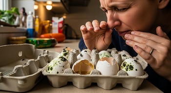 Una persona con expresión de asco se tapa la nariz mientras mira un cartón de huevos con cáscaras manchadas de moho, rotas y con moscas.