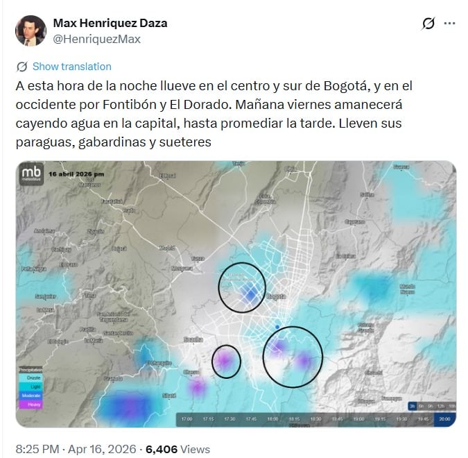 El meteorólogo Max Enríquez advirtió que Bogotá registraría lluvias continuas desde la madrugada de este viernes 17 de abril de 2026, con precipitaciones previstas hasta la tarde - crédito @HenriquezMax/X