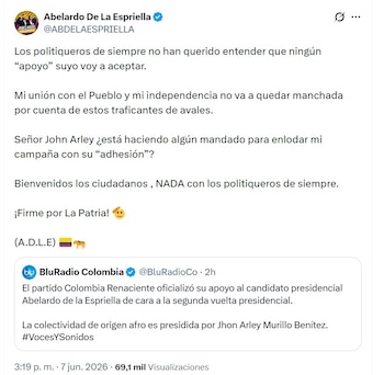 El candidato presidencial Abelardo de la Espriella rechazó de manera pública el respaldo anunciado por el partido Colombia Renaciente - crédito @ABDELAESPRIELLA/X