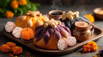 Panes de muerto de varios colores, una taza de café, un jarro de barro con chocolate y flores de cempasúchil en una bandeja.