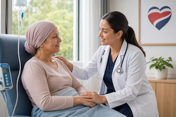 Una médica con bata blanca sostiene la mano de una paciente con pañuelo rosa en la cabeza, sentada junto a un goteo intravenoso.