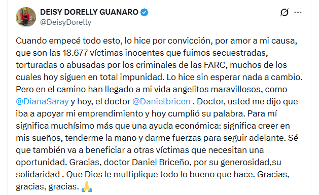 Deisy Dorelly destacó que el respaldo representa más que una ayuda económica, pues, según afirmó, constituye un reconocimiento a su proyecto y a su labor social - crédito @DeisyDorelly/X