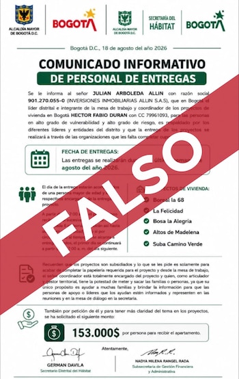 La estafa sobre vivienda en Bogotá promete entregas en agosto de 2026 y presenta el cobro como un requisito para completar la papelería - crédito Secretaría de Hábitat/X