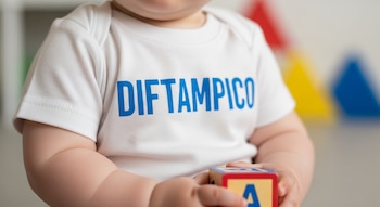 El torso de un bebé viste una camiseta blanca con el texto azul DIFTAMPICO y sostiene un bloque de juguete rojo y amarillo.
