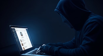 Persona encapuchada y con rostro oculto, sentada frente a una laptop en oscuridad. La pantalla muestra un perfil de red social con fotos y datos.