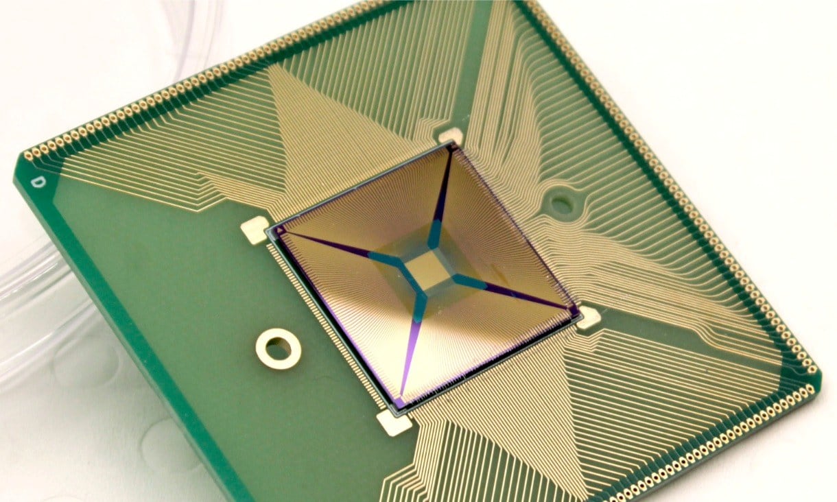 El dispositivo utiliza el semiconductor ultradelgado disulfuro de molibdeno, conocido como MoS₂, en un chip de 2 cm por 2 cm (Crédito: RMIT University)