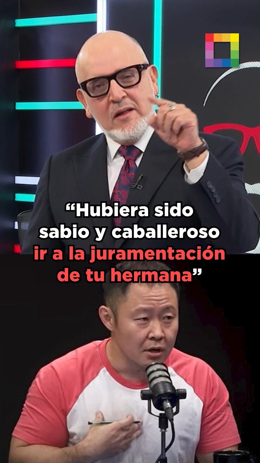 El periodista Beto Ortiz critica a Kenji Fujimori por su ausencia en la toma de mando de Keiko Fujimori, con la frase atribuida a Ortiz superpuesta entre las imágenes de ambos.