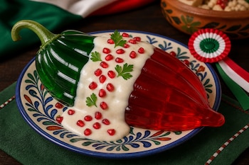 Una gelatina verde y roja con forma de pimiento está cubierta con crema blanca, granada y perejil sobre un plato cerámico decorado.