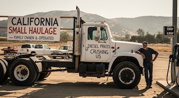 Un hombre con gorra y camiseta se apoya en un camión blanco en una gasolinera rural de California; en el camión se lee 'DIESEL PRICES CRUSHING US'.