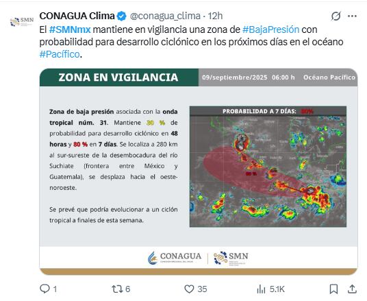 SMN informa sobre ciclón Mario. Foto: x.com/Conagua_clima