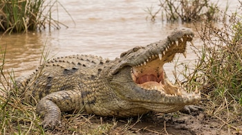 Primer plano de un cocodrilo del Nilo con la boca abierta y dientes afilados visibles, sobre la orilla fangosa. El lago Turkana y vegetación africana se ven al fondo.
