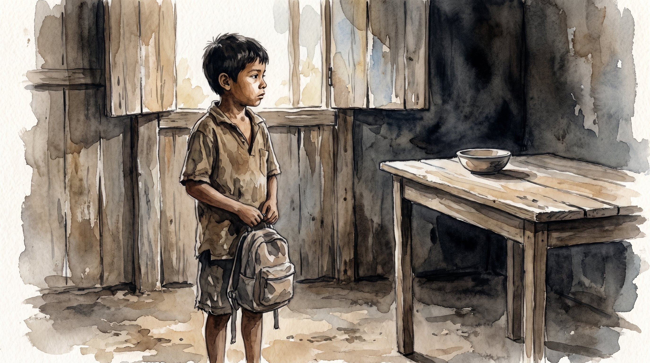 Un niño hondureño sostiene su mochila escolar frente a una mesa de madera vacía dentro de una casa de tablas en Honduras. (Imagen Ilustrativa Infobae)