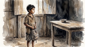Un niño sostiene una mochila junto a una mesa de madera con un tazón vacío dentro de una habitación con paredes de tablas y piso de tierra.