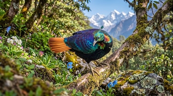 Un ave de plumaje azul, verde y cola naranja sobre una rama cubierta de musgo, entre flores y plantas, con montañas nevadas al fondo.