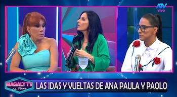 DOs mujeres y un hombre en un estudio de televisión con un rótulo inferior que indica Las idas y vueltas de Ana Paula y Paolo