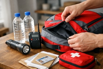 Manos abriendo una mochila roja y gris sobre una mesa de madera, junto a dos botellas de agua, una linterna, una radio, documentos y un botiquín rojo.