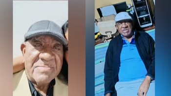 Dos retratos de un hombre mayor. A la izquierda, un primer plano del rostro. A la derecha, sentado con camisa azul y gorra clara en una habitación