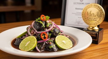 Un plato de ceviche de conchas negras con cebolla morada, ají rojo, cilantro y limones, junto a un trofeo dorado con la inscripción "No. 1 World's Best Clam Dish".