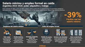 Infografía que ilustra la caída del salario mínimo y el empleo formal en Argentina. Muestra un hombre triste, una billetera rota y gráficos de datos.
