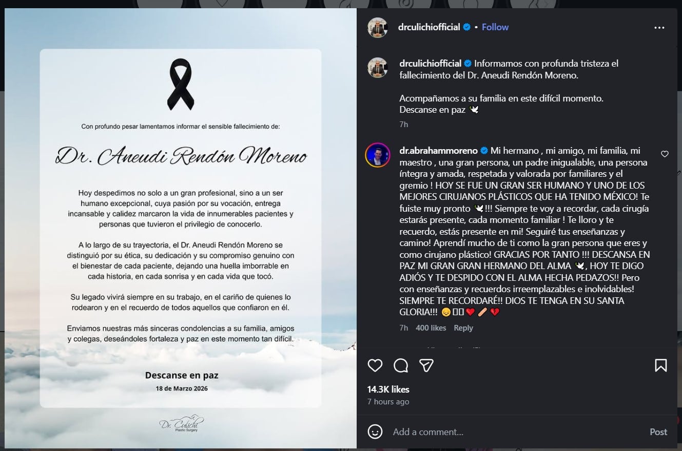 Aneudi Rendón Moreno era miembro activo de asociaciones médicas especializadas en cirugía plástica, incluyendo el Consejo Mexicano y la Asociación Mexicana del sector