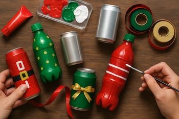 Personas decoran latas y botellas