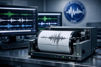 Un sismógrafo profesional con cinta de papel impresa y dos monitores muestran gráficos de ondas; un logotipo del Instituto Geofísico del Perú en la pared.