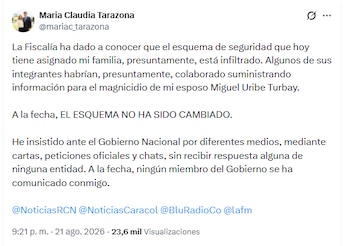 La viuda del precandidato y senador del Centro Democrático afirmó que ningún miembro del Gobierno nacional se ha comunicado con ella - crédito @mariac_tarazona/X