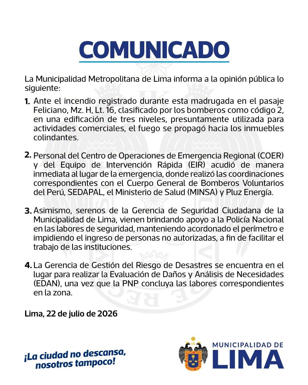 La Municipalidad Metropolitana de Lima informa sobre las labores de emergencia y seguridad tras el incendio registrado en el pasaje Feliciano de la ciudad.