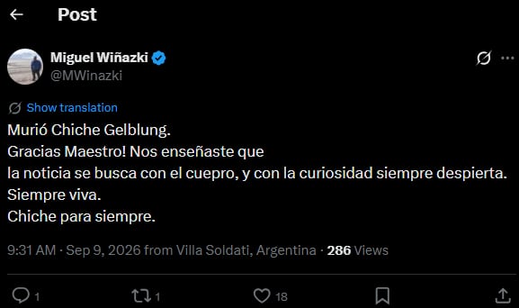 Miguel Wiñazki le dedicó unas palabras de despedida al comunicador (X)